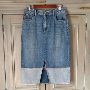 Chico's Colorblock Blue Denim Midi Skirt with Front Slit